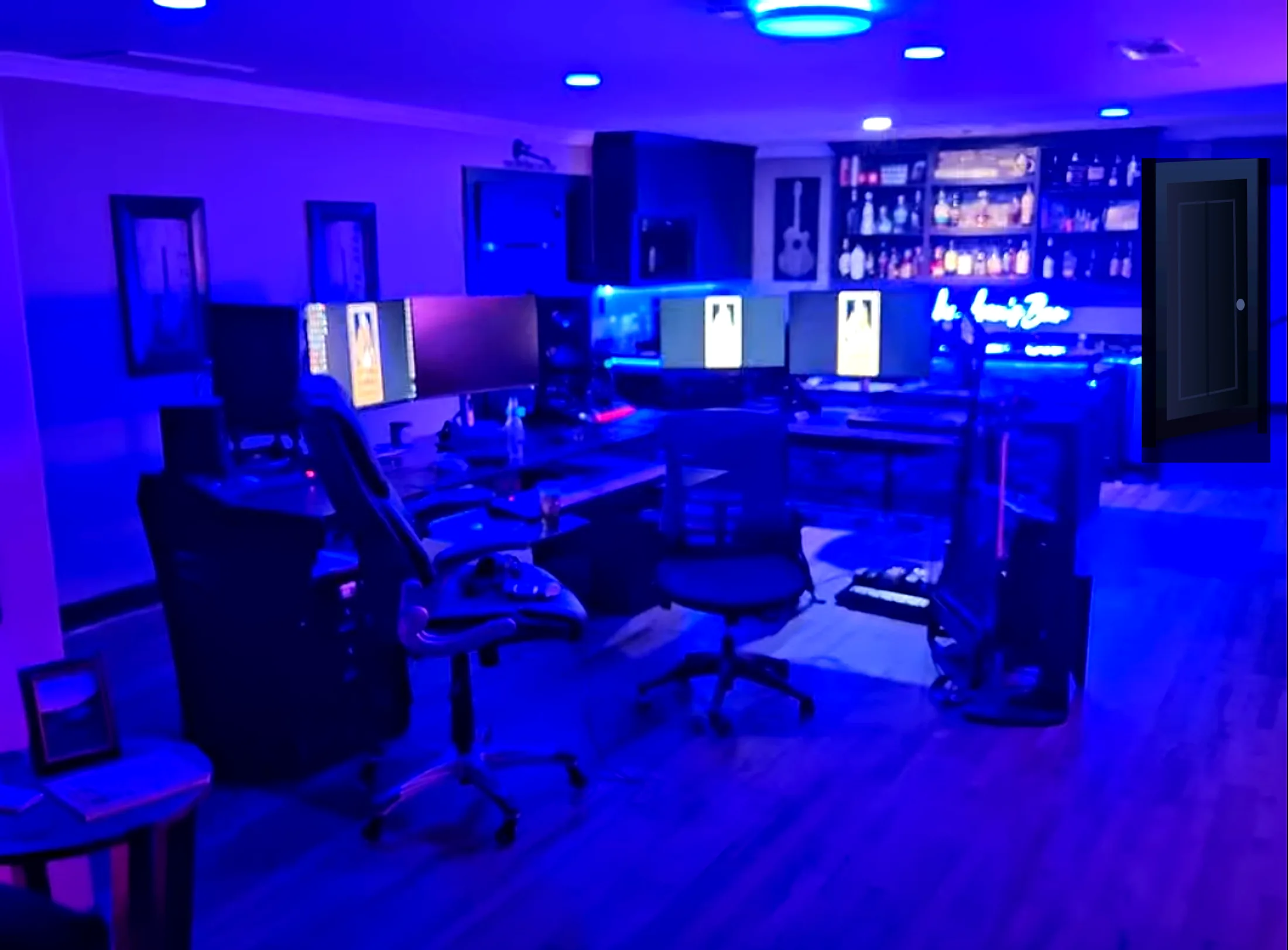 The Richardson Bar home bar illuminated in blue light